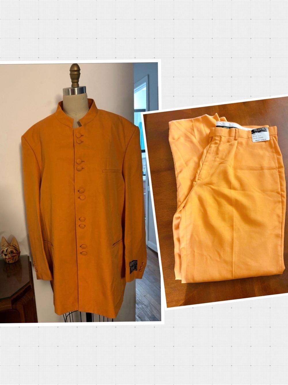 Tessori Suit -Mandarin Collar Jacket in Orange Size 44L